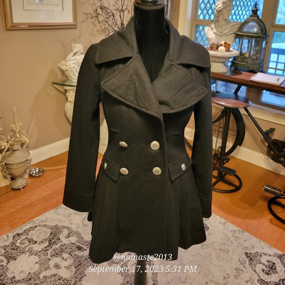 Blanc Noir Wool Blend Skirted Pea Coat Black Size Small #511 - Picture 13 of 14